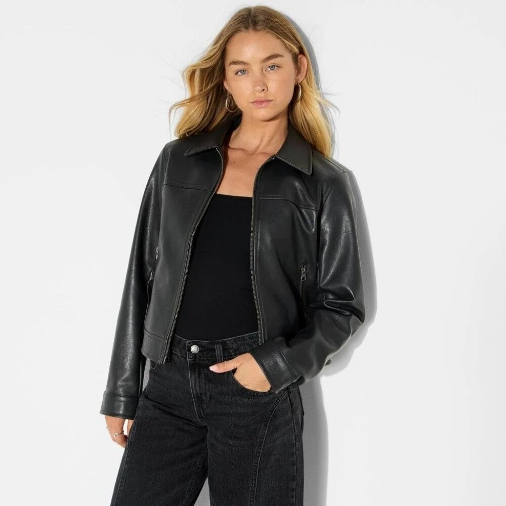 K-76 Wild Fable Women's XXS Boxy Faux Leather Jacket - Black